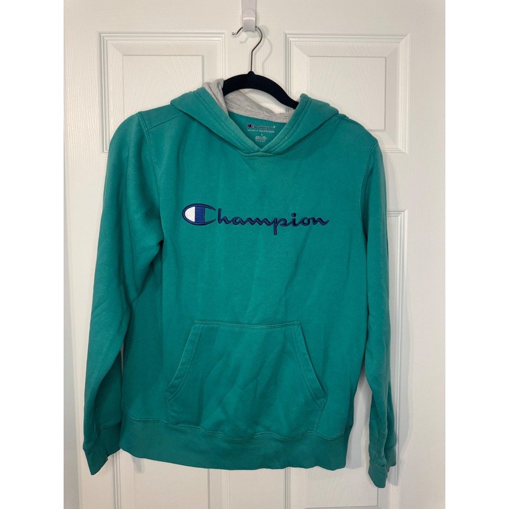 Champion Womens Teal Green Script Logo Pullover Hoodie Sweatshirt Size Large